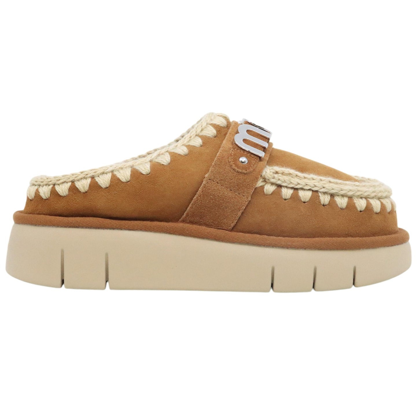 Mou Bounce clog metal logo sabot donna in montone cognac 