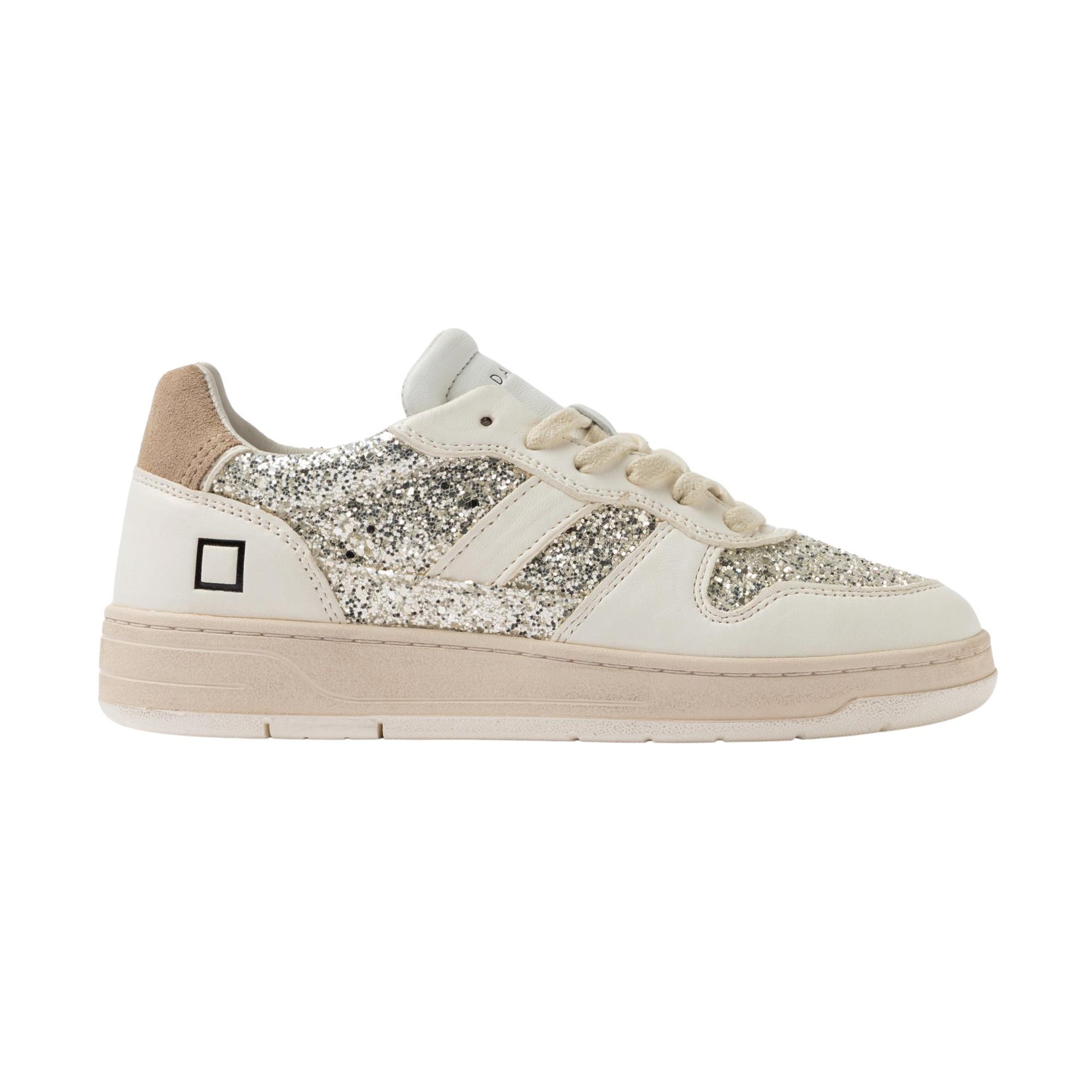 D.A.T.E. Court 2.0 Glitter C2-GL-PL sneaker donna in pelle bianco panna 