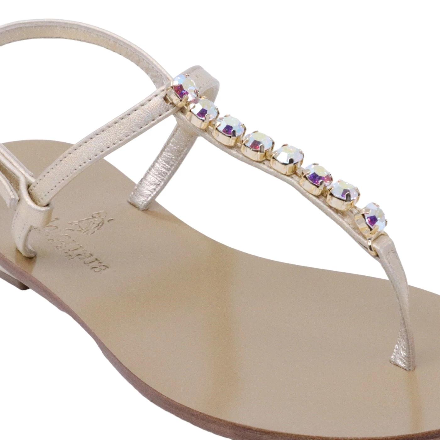 Sandalo infradito 3131C  Paolo Ferrara in pelle oro e pietre luminose a giogliello 