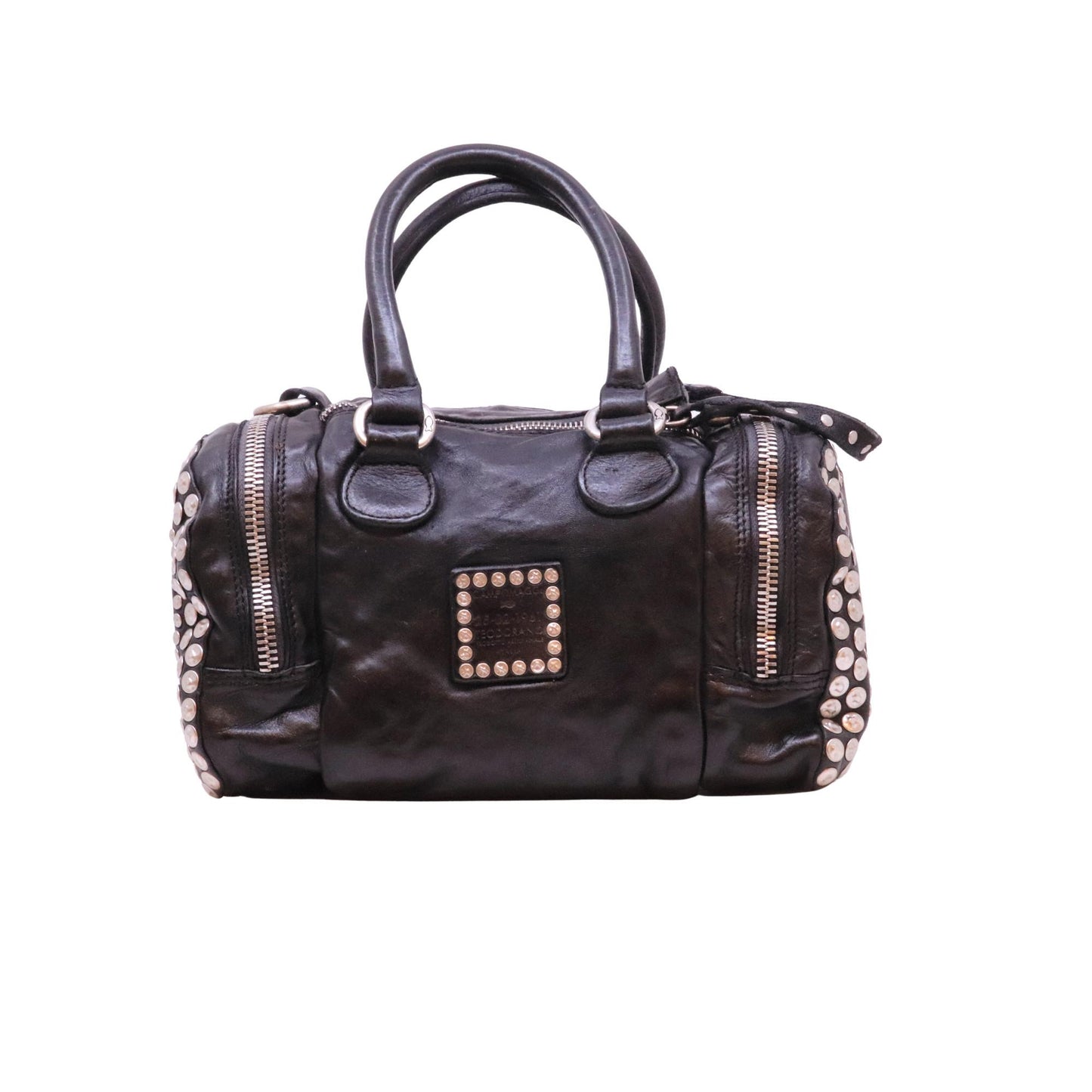 Campomaggi Britney C002780ND borsa bauletto in pelle nera con borchie 