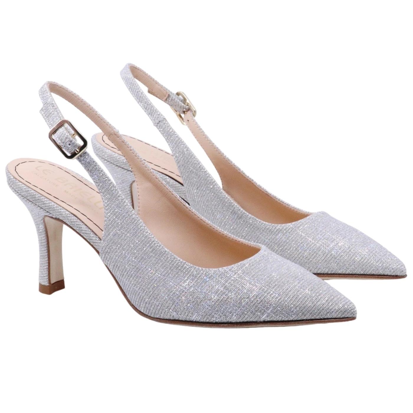 Slingback donna Le Briella Z827 in elegante pelle e tessuto di color argento 