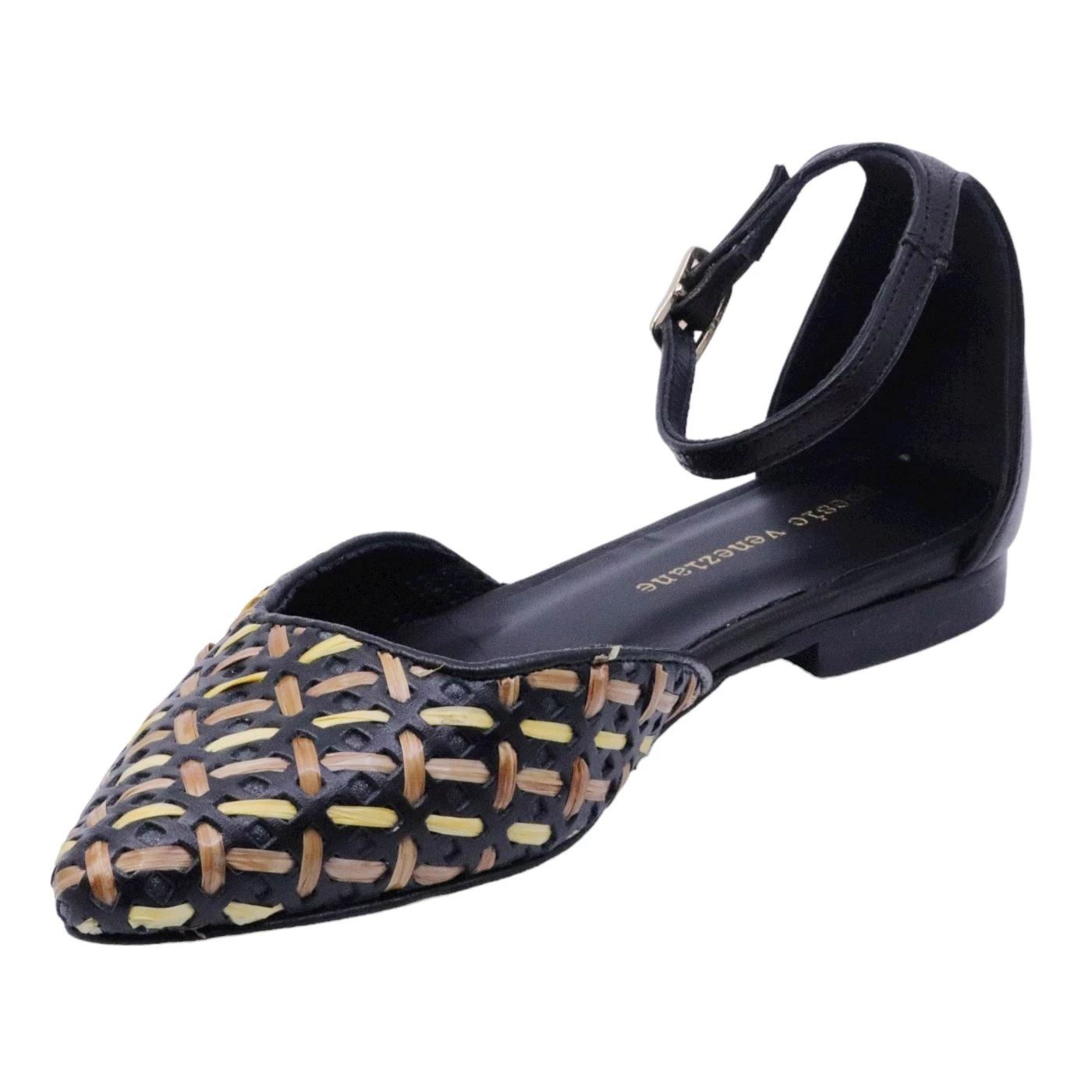 Slingback donna Poesie Veneziane JMUR28 intrecciato in rafia e pelle nera 