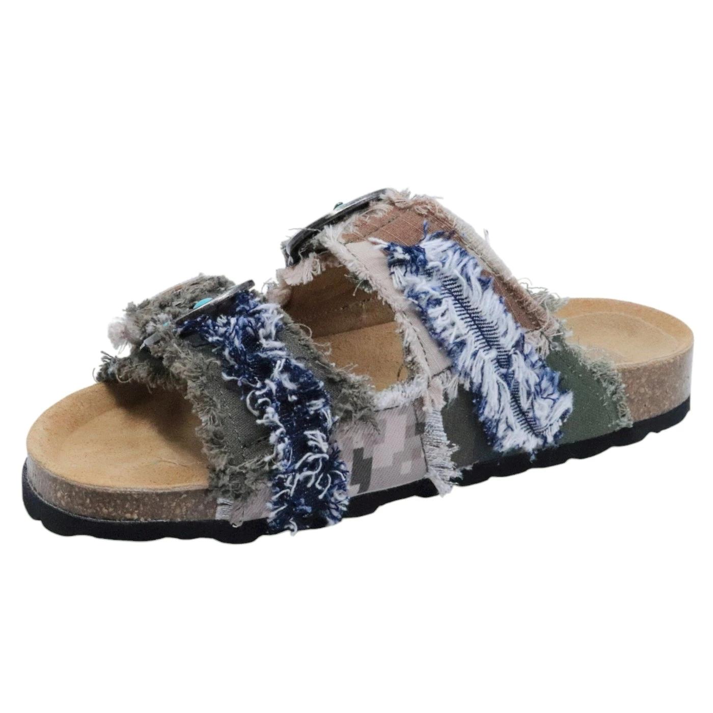 Sandalo donna Taji Buckle Patch in tessuto militare giacca mimetica in color verde, blu e rosa 