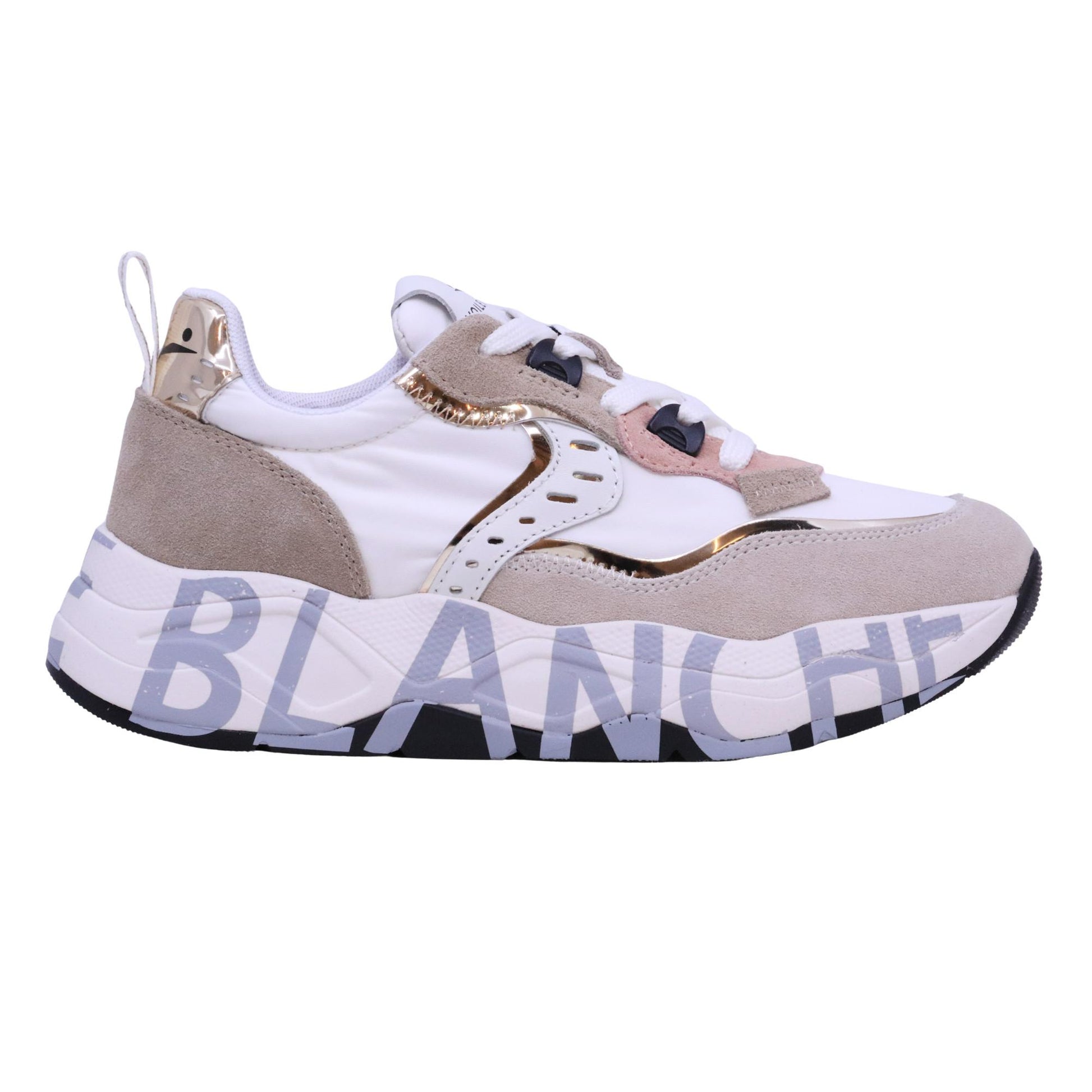 Voile Blanche CLUB105 sneaker donna in suede e nylon bianco e sabbia con dettagli platino 